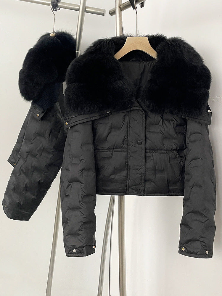Super snygg koreansk version av storhårig kavaj kort dunjacka för kvinnors vinter explosion geometriska mönster design vit anka dunjacka