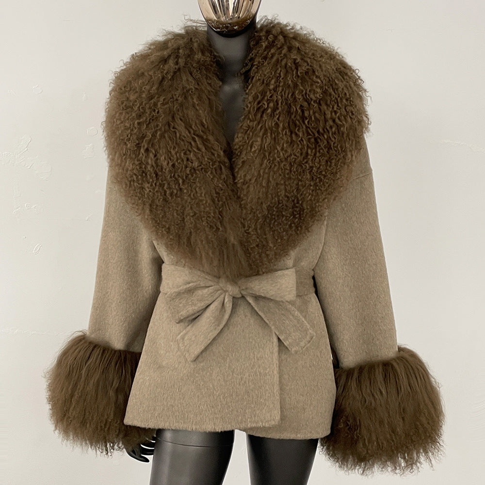 2025 new high-end autumn and winter woolen double-sided cashmere coat fashionable versatile beach wool collar jacket women