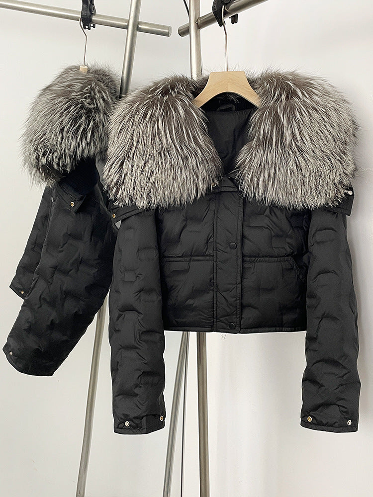 Super snygg koreansk version av storhårig kavaj kort dunjacka för kvinnors vinter explosion geometriska mönster design vit anka dunjacka