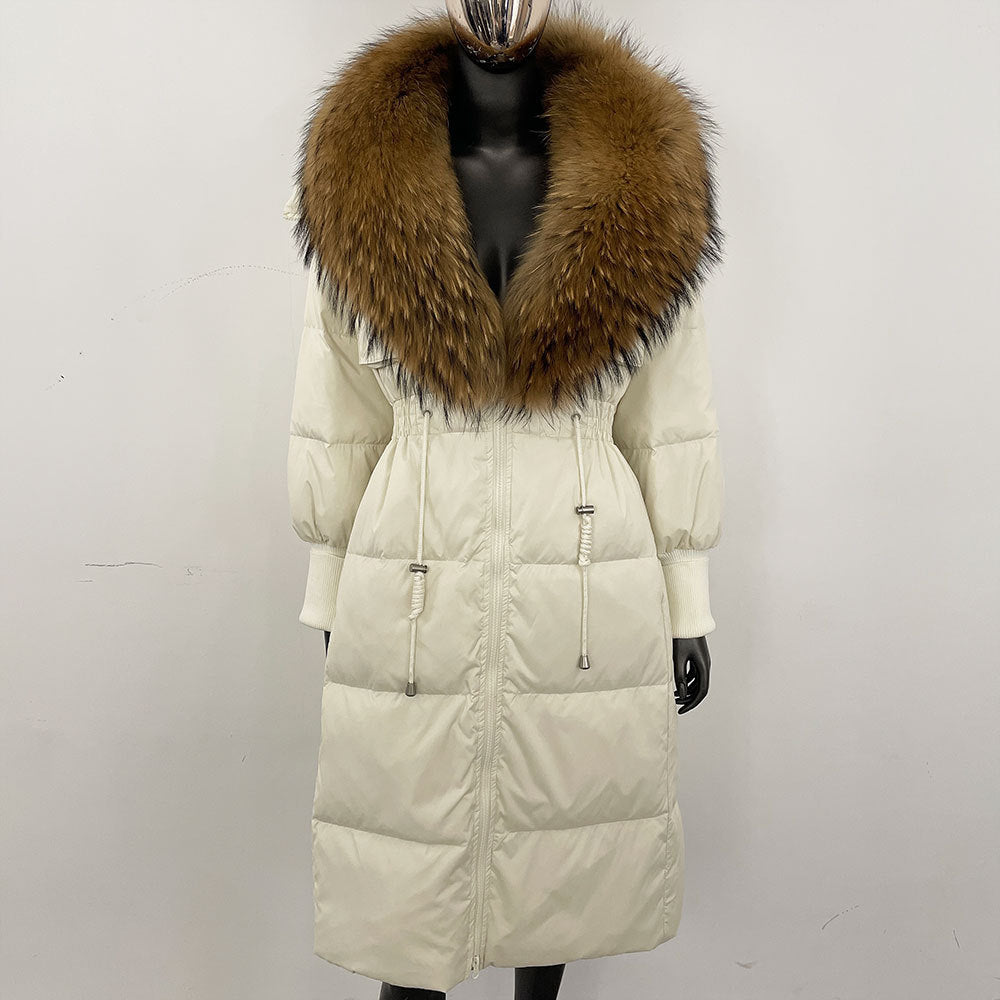 Women's long down jacket, fur jacket, women's clothing, oversized fur collar, fox hair over the knee, fashionable warmth, waist and thin