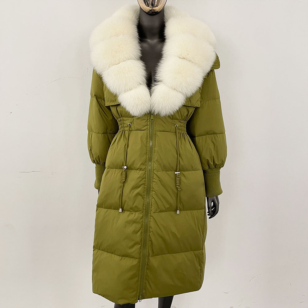 Women's long down jacket, fur jacket, women's clothing, oversized fur collar, fox hair over the knee, fashionable warmth, waist and thin