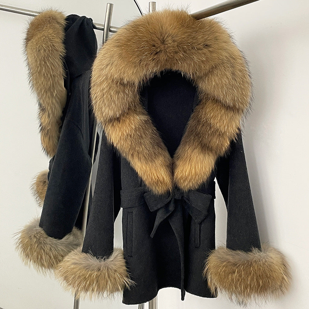 Liten ull high-end vinter ny överdimensionerad rävpäls krage dubbelsidig ullrock damullrock