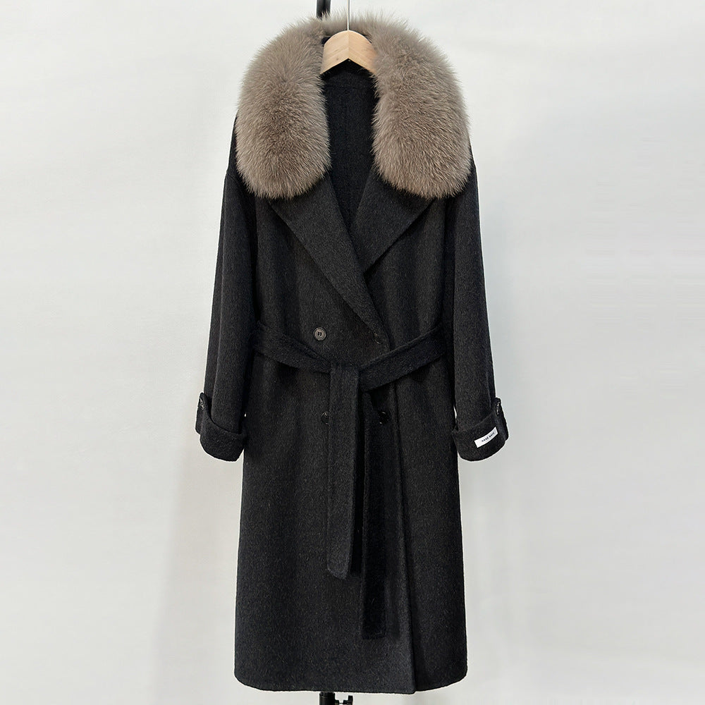 Fransk lat 2025 höst och vinter ny huva dubbelsidig kashmirrock lång räv pälskrage tweed coat kvinnor