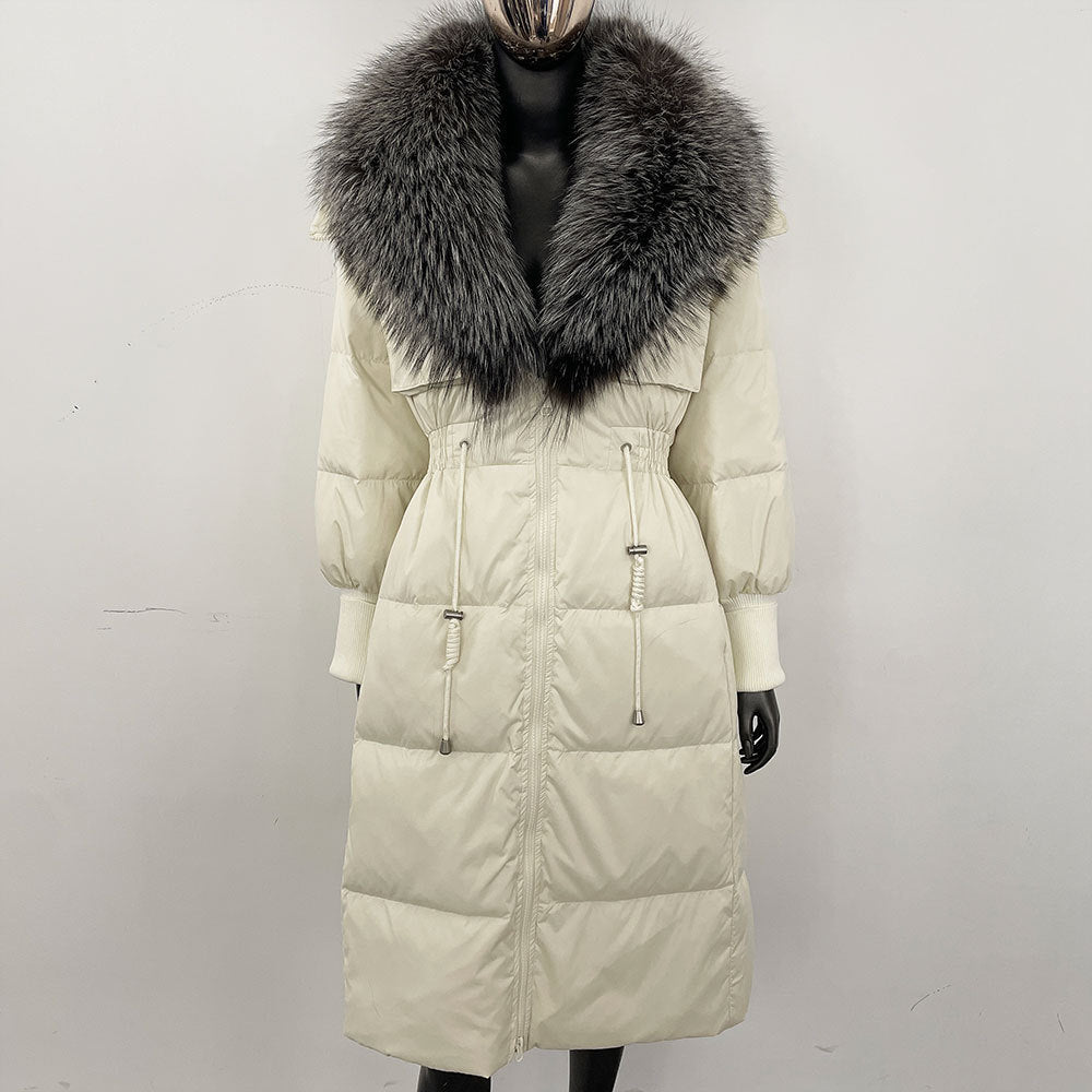 Women's long down jacket, fur jacket, women's clothing, oversized fur collar, fox hair over the knee, fashionable warmth, waist and thin