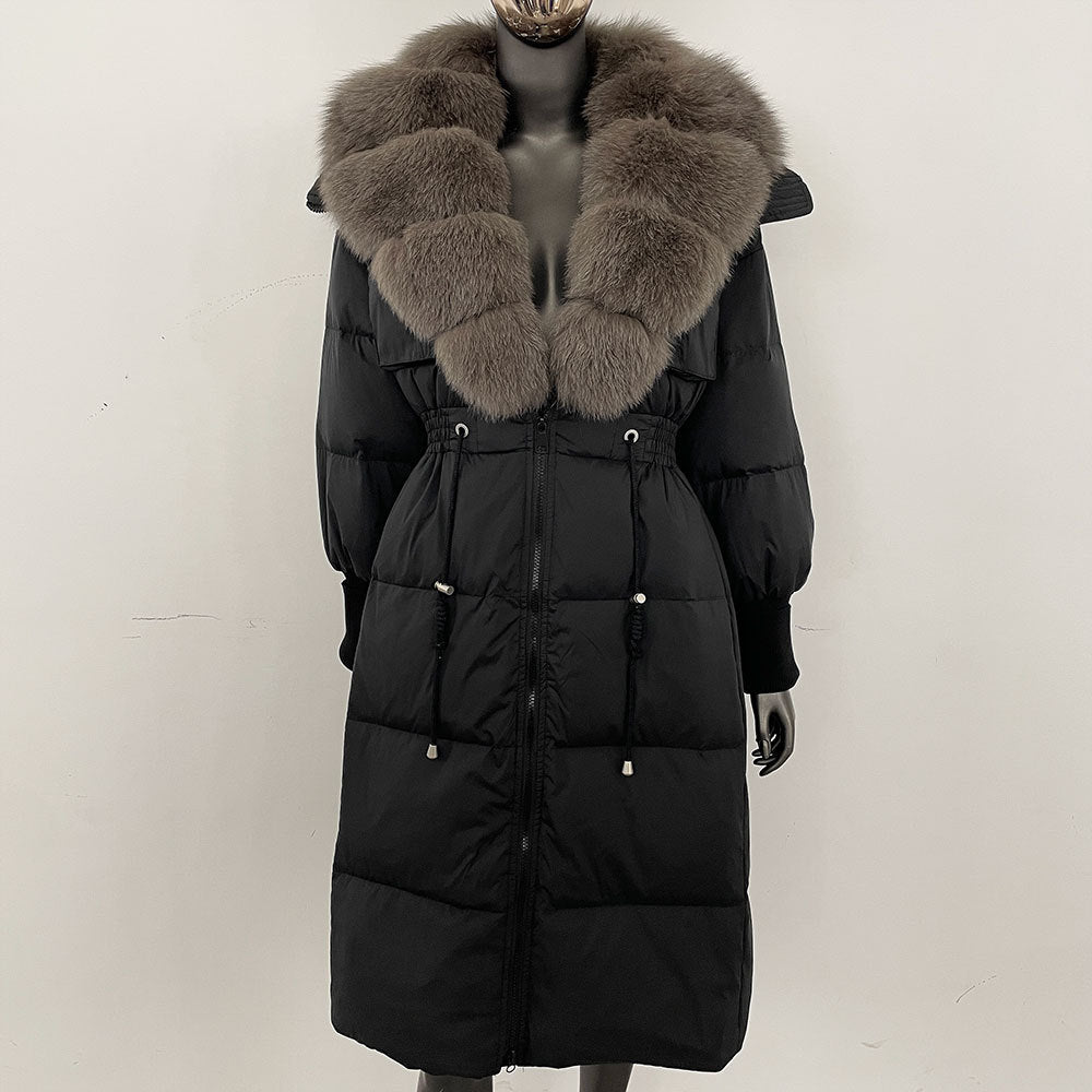 Women's long down jacket, fur jacket, women's clothing, oversized fur collar, fox hair over the knee, fashionable warmth, waist and thin