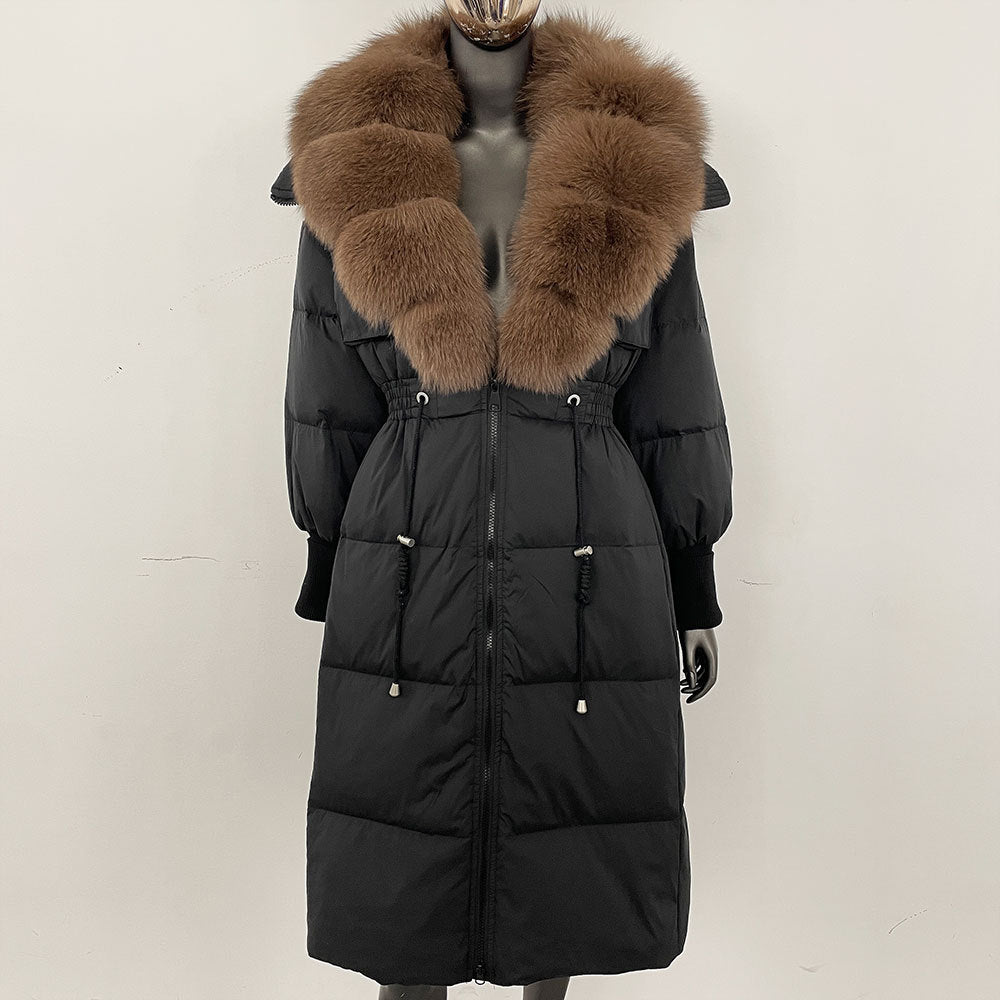 Women's long down jacket, fur jacket, women's clothing, oversized fur collar, fox hair over the knee, fashionable warmth, waist and thin