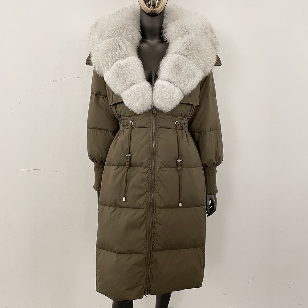 Women's long down jacket, fur jacket, women's clothing, oversized fur collar, fox hair over the knee, fashionable warmth, waist and thin