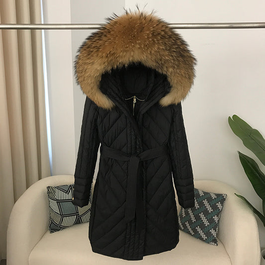 2025 ny räv päls krage kvinnor lång dunjacka kvinnor 90 vit anka ner falska två delar förtjockad smal jacka