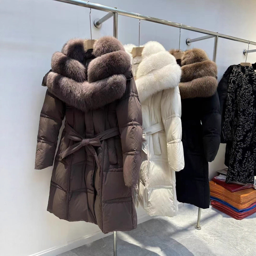Kvinnors överdimensionerade räv päls krage vinter nytt mode främmande utseende tunn medium och lång kavaj vit anka dunjacka kvinnor