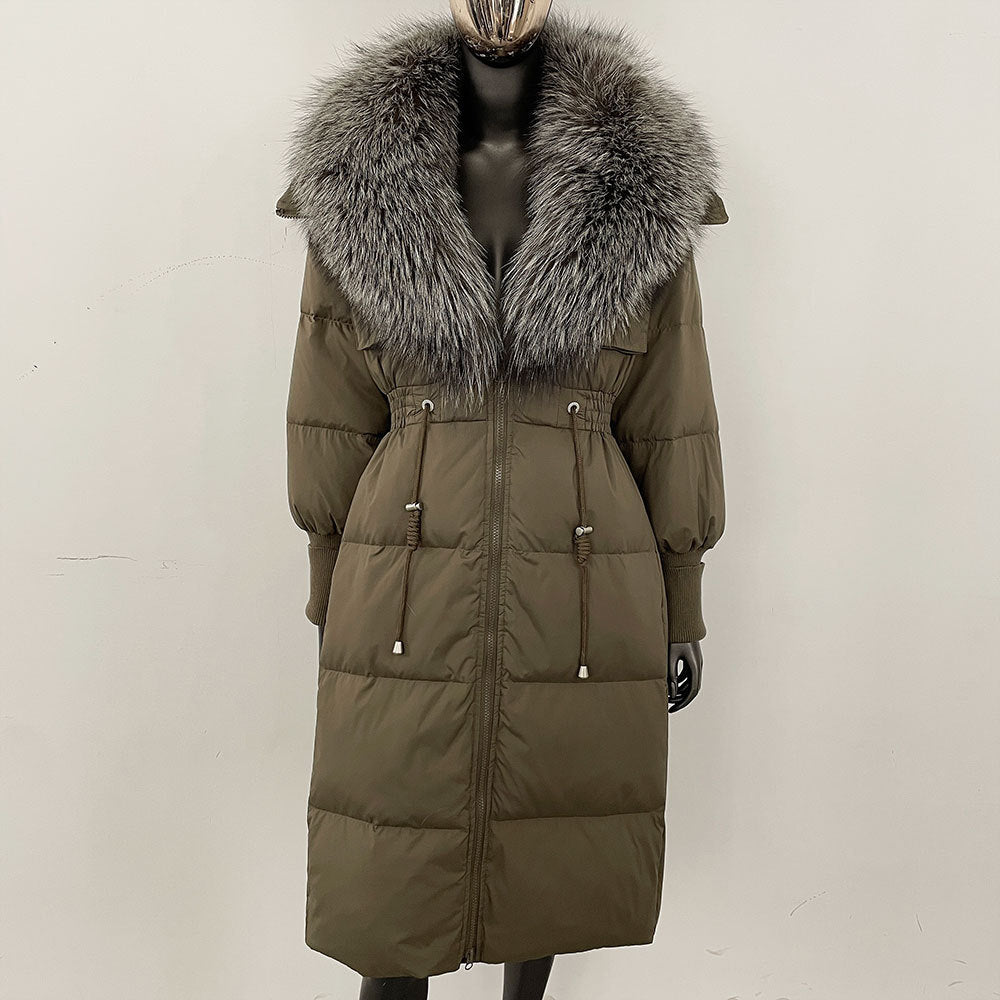 Women's long down jacket, fur jacket, women's clothing, oversized fur collar, fox hair over the knee, fashionable warmth, waist and thin