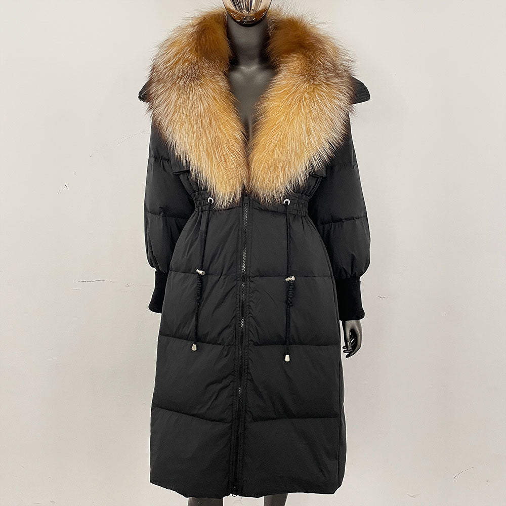 Women's long down jacket, fur jacket, women's clothing, oversized fur collar, fox hair over the knee, fashionable warmth, waist and thin
