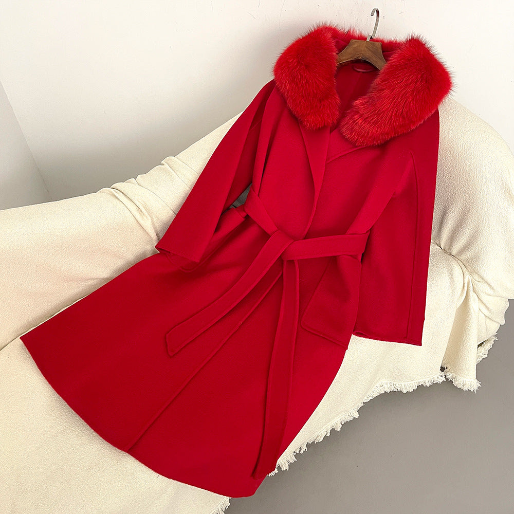 Autumn and winter woolen coat long Korean version of high-quality water ripple double-sided wool coat women's high-end cashmere coat