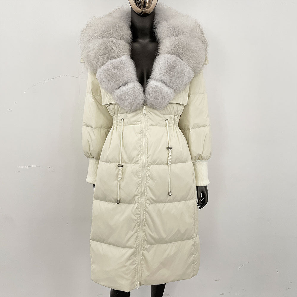 Women's long down jacket, fur jacket, women's clothing, oversized fur collar, fox hair over the knee, fashionable warmth, waist and thin