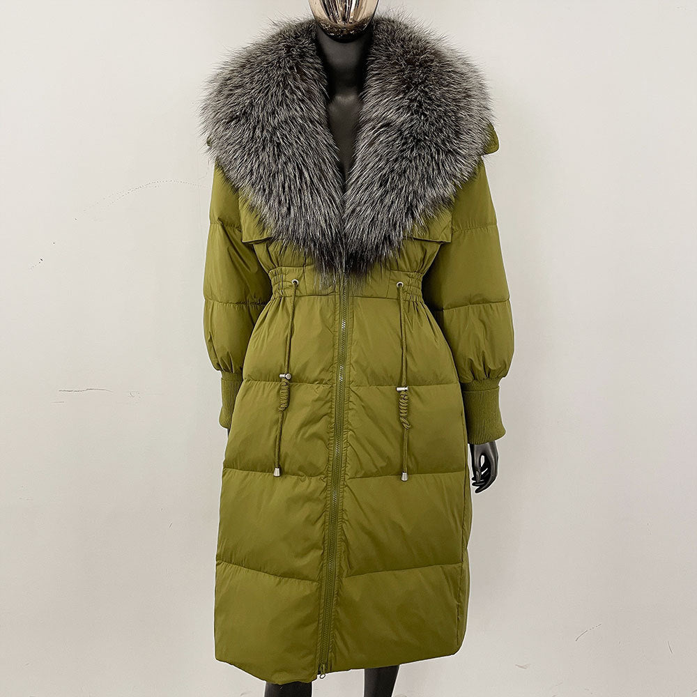 Women's long down jacket, fur jacket, women's clothing, oversized fur collar, fox hair over the knee, fashionable warmth, waist and thin