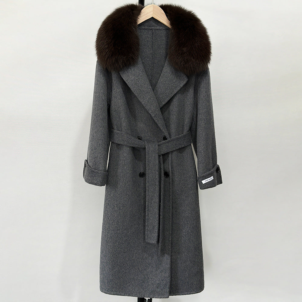 Fransk lat 2025 höst och vinter ny huva dubbelsidig kashmirrock lång räv pälskrage tweed coat kvinnor