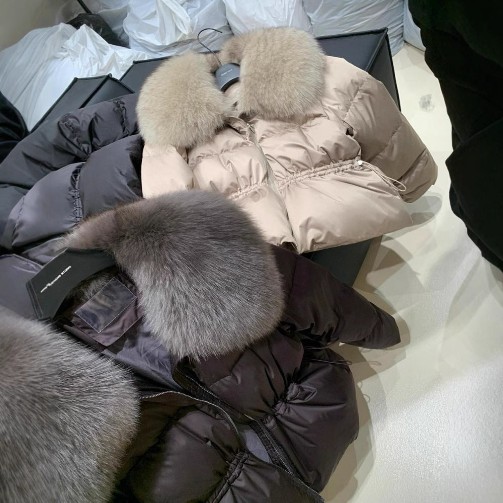 Spot kvinnors vinter explosion kort midja räv hår stor päls krage dunjacka kvinnors koreanska version lös kappa kvinnor