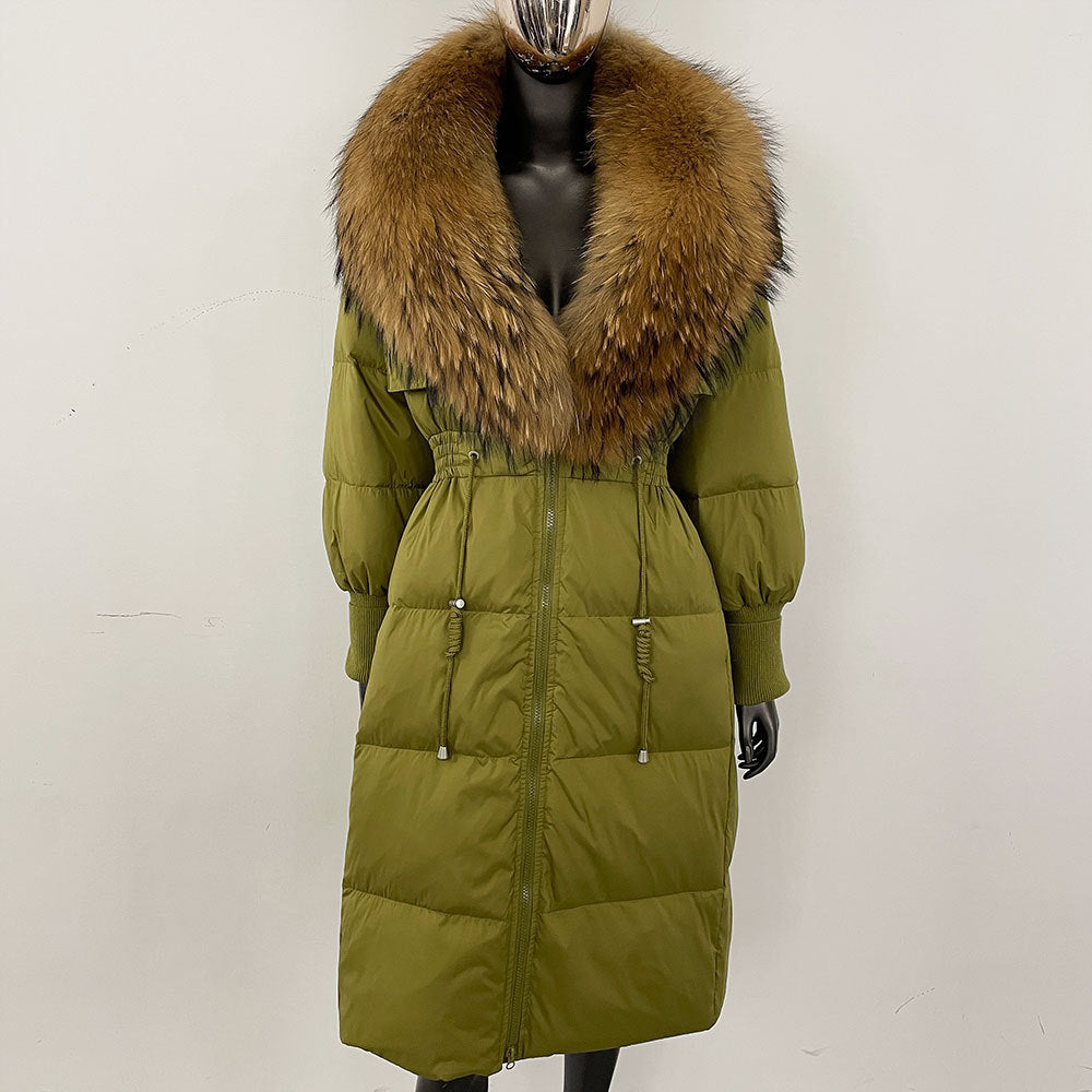 Women's long down jacket, fur jacket, women's clothing, oversized fur collar, fox hair over the knee, fashionable warmth, waist and thin