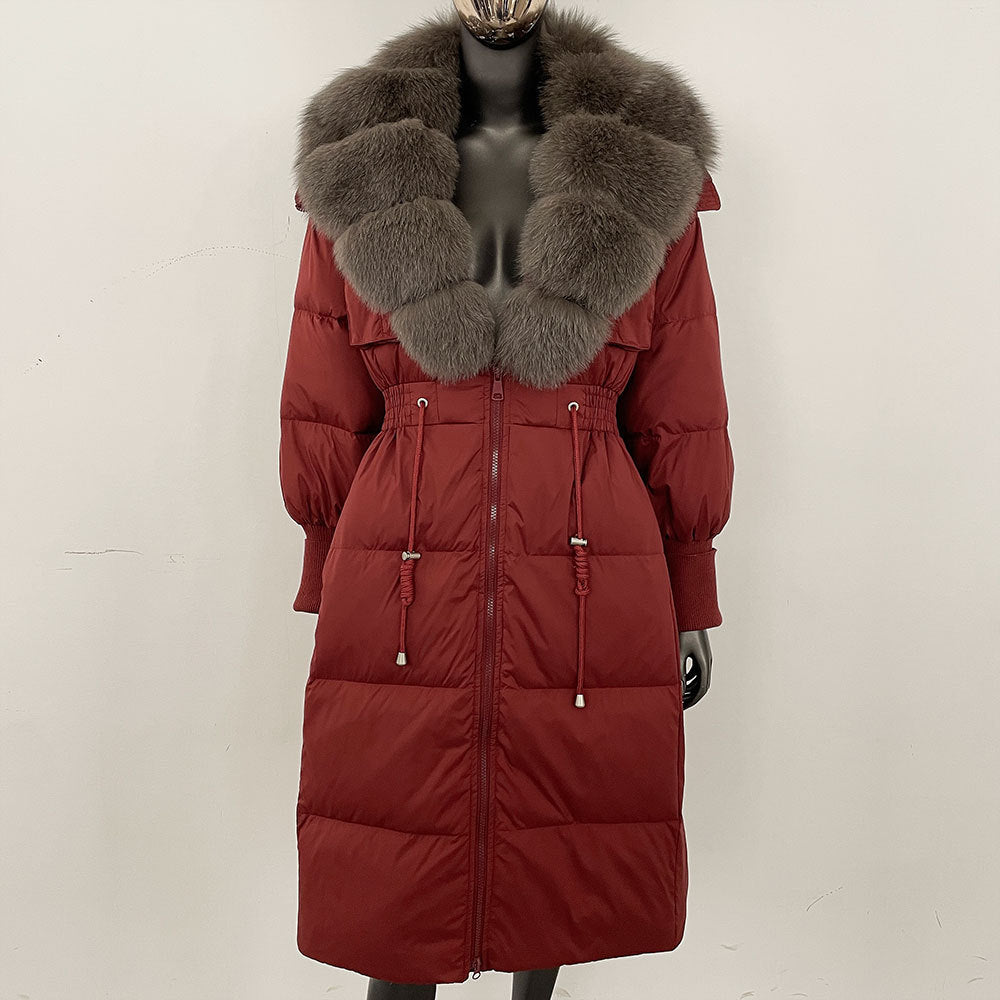 Women's long down jacket, fur jacket, women's clothing, oversized fur collar, fox hair over the knee, fashionable warmth, waist and thin