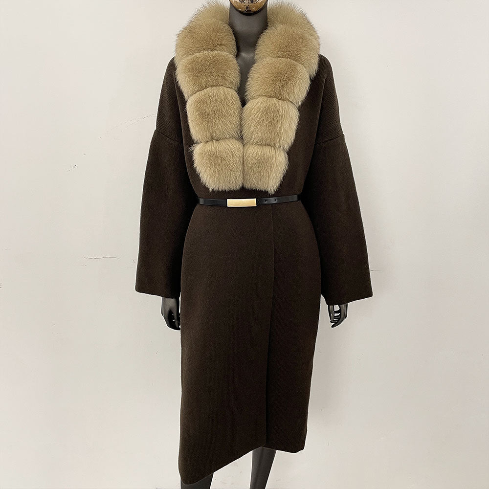 Förtjockad lång räv pälskrage europeisk och amerikansk ny lat stil mode kofta stickad tröja jacka kvinnor