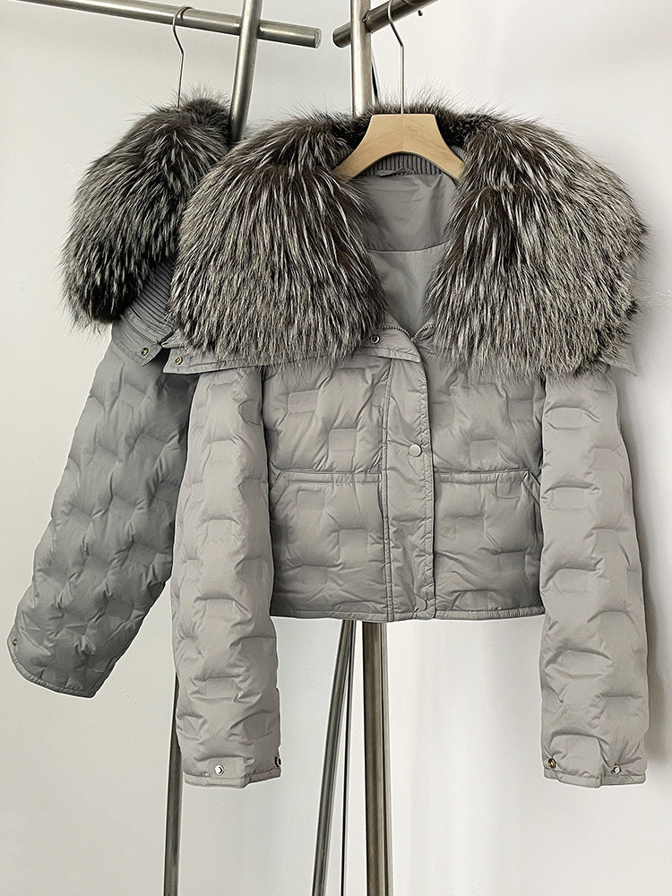 Super snygg koreansk version av storhårig kavaj kort dunjacka för kvinnors vinter explosion geometriska mönster design vit anka dunjacka