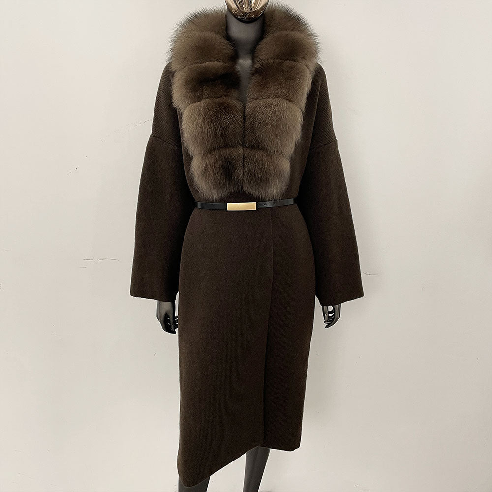 Förtjockad lång räv pälskrage europeisk och amerikansk ny lat stil mode kofta stickad tröja jacka kvinnor