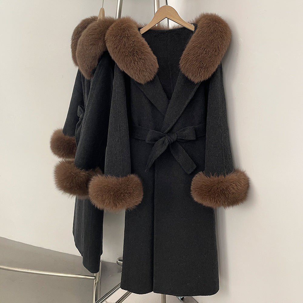 Fabrik direktförsäljning ny 2025 höst och vinter räv päls krage huva dubbelsidig ull kappa dam ull ärmar ull kappa