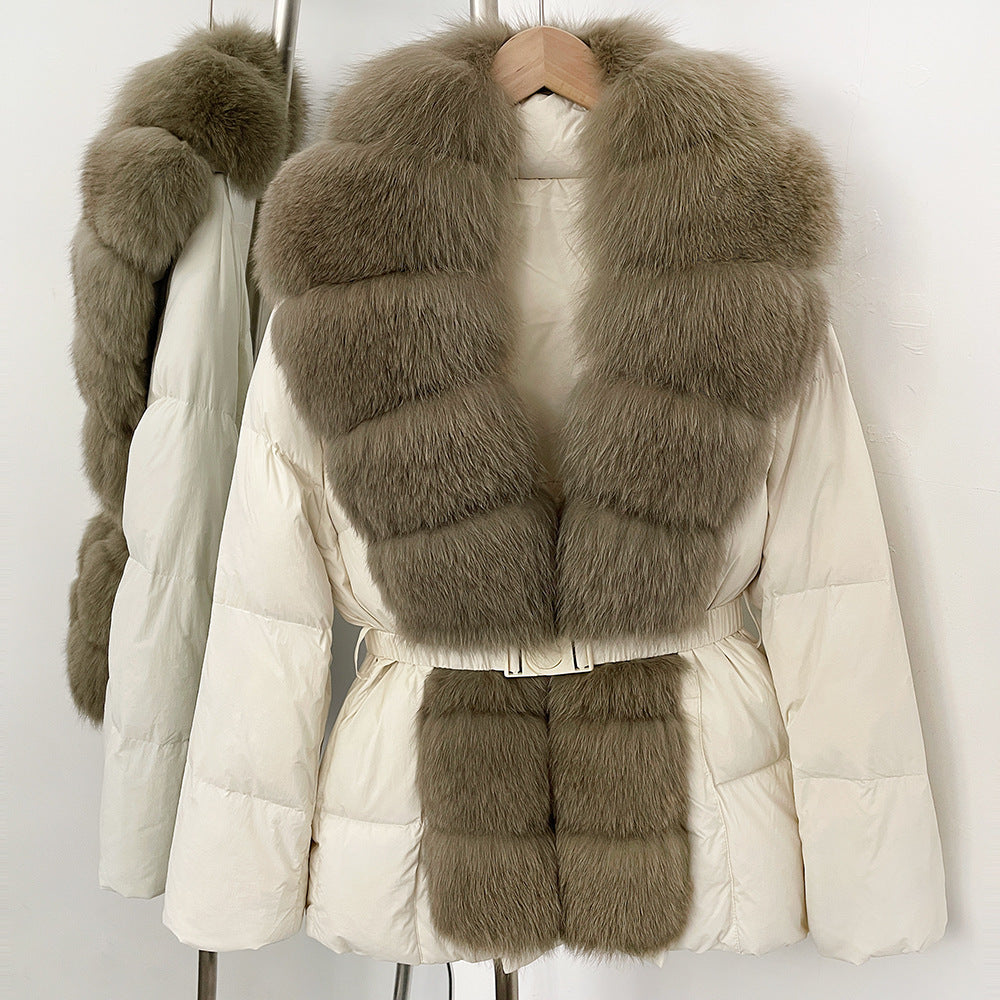 Gränsöverskridande populär plats 2025 vinter medium och lång midja överdimensionerad räv päls krage dyra high-end dunjacka kvinnor