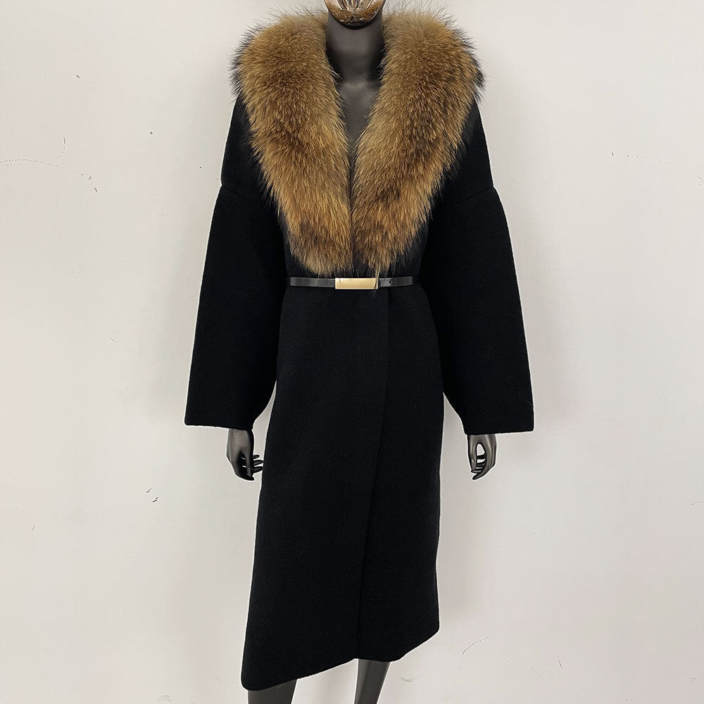 Förtjockad lång räv pälskrage europeisk och amerikansk ny lat stil mode kofta stickad tröja jacka kvinnor