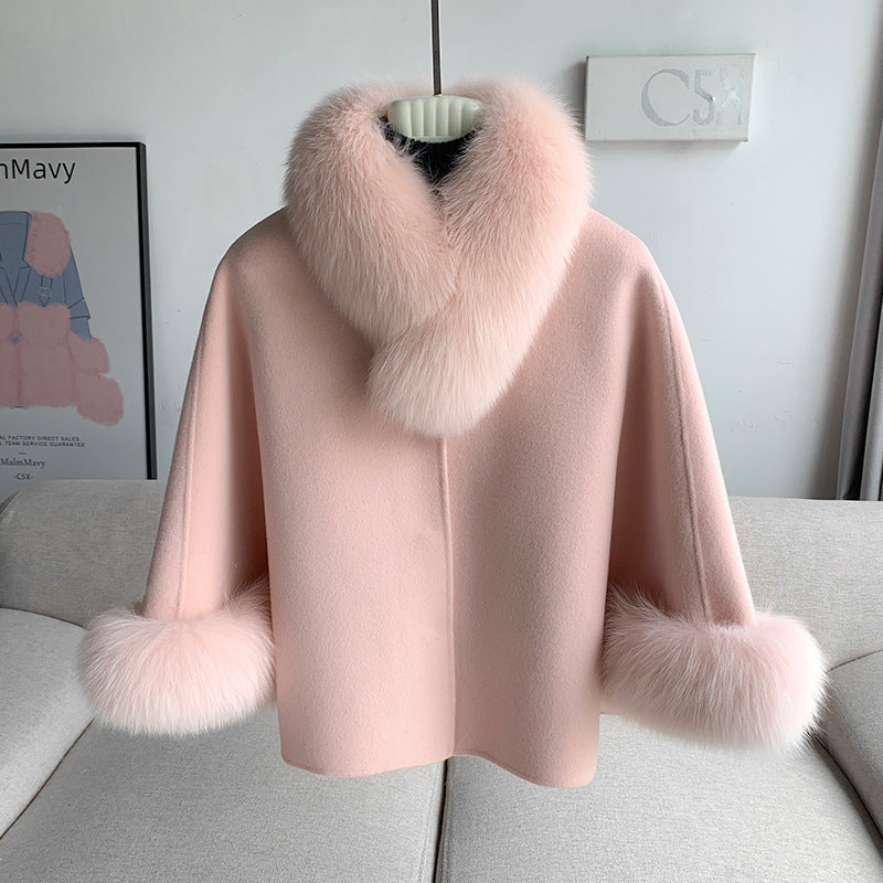 Fox päls jacka kvinnor kort 2024 nya dubbelsidig ull avtagbar sjal