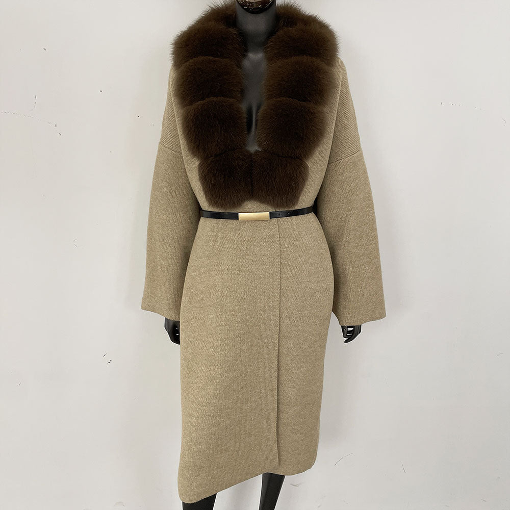 Förtjockad lång räv pälskrage europeisk och amerikansk ny lat stil mode kofta stickad tröja jacka kvinnor