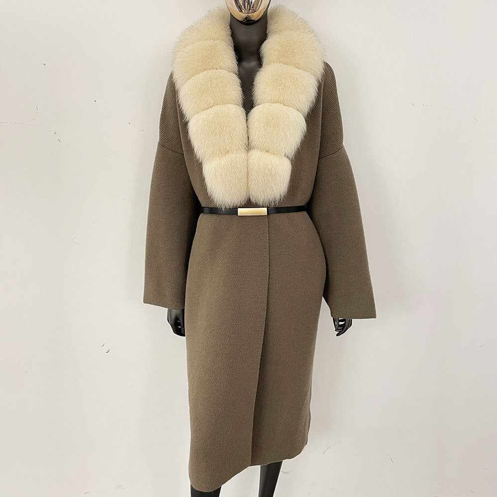 Förtjockad lång räv pälskrage europeisk och amerikansk ny lat stil mode kofta stickad tröja jacka kvinnor