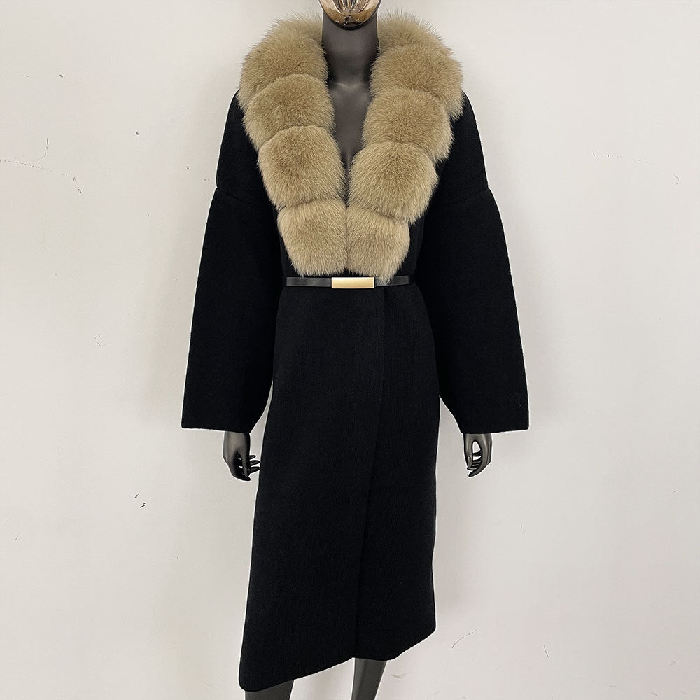 Förtjockad lång räv pälskrage europeisk och amerikansk ny lat stil mode kofta stickad tröja jacka kvinnor