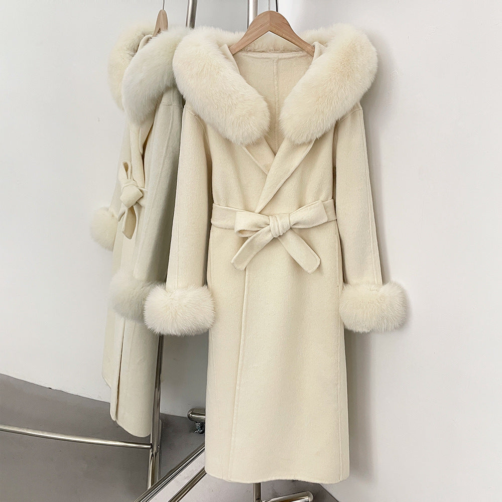 Fabrik direktförsäljning ny 2025 höst och vinter räv päls krage huva dubbelsidig ull kappa dam ull ärmar ull kappa