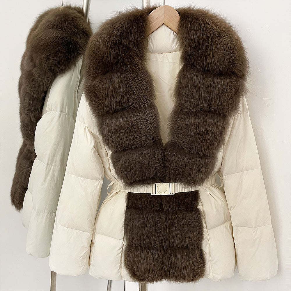 Gränsöverskridande populär plats 2025 vinter medium och lång midja överdimensionerad räv päls krage dyra high-end dunjacka kvinnor