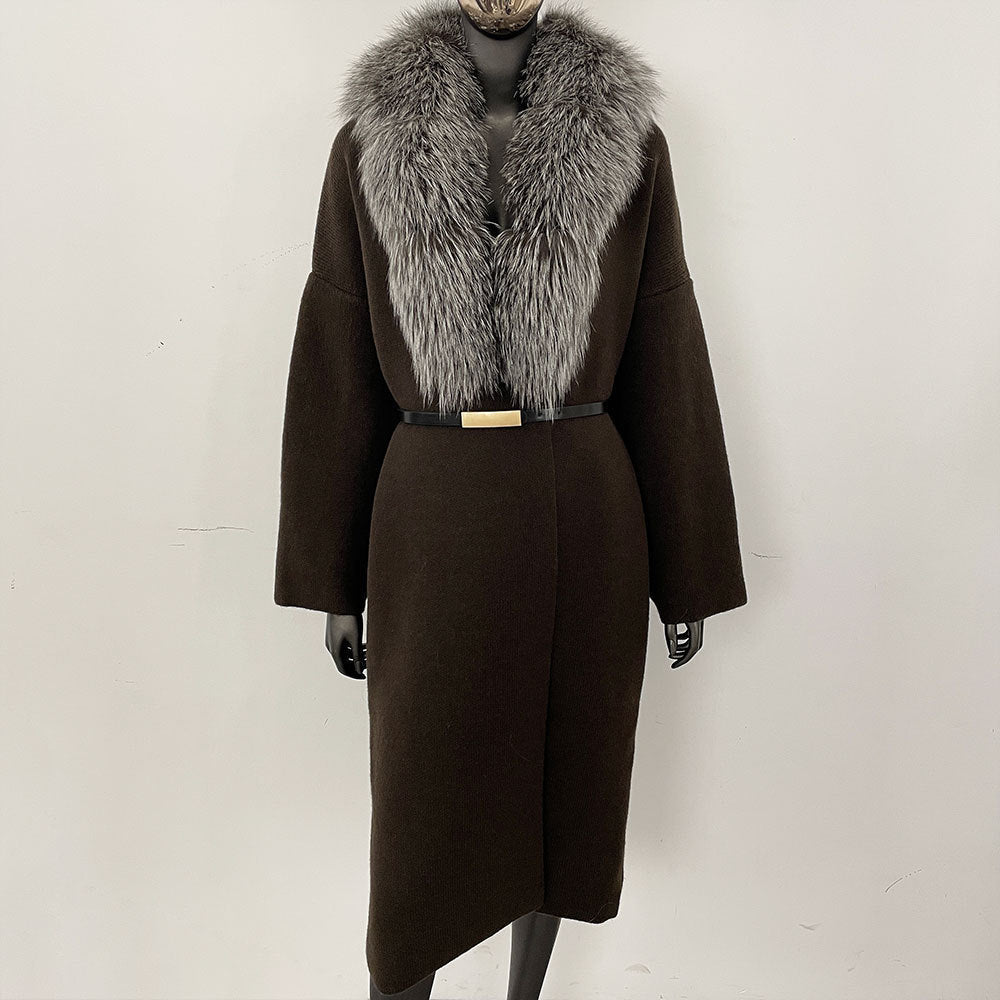 Förtjockad lång räv pälskrage europeisk och amerikansk ny lat stil mode kofta stickad tröja jacka kvinnor