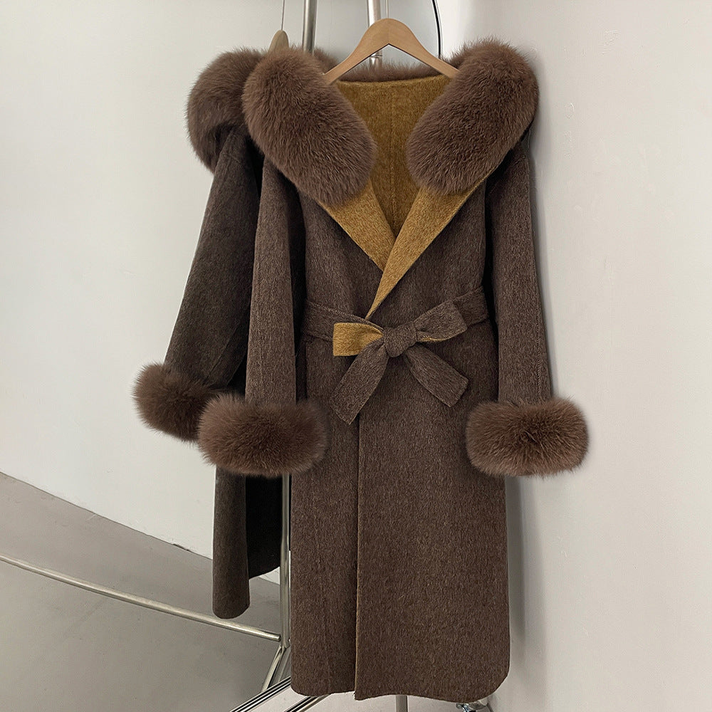 Fabrik direktförsäljning ny 2025 höst och vinter räv päls krage huva dubbelsidig ull kappa dam ull ärmar ull kappa