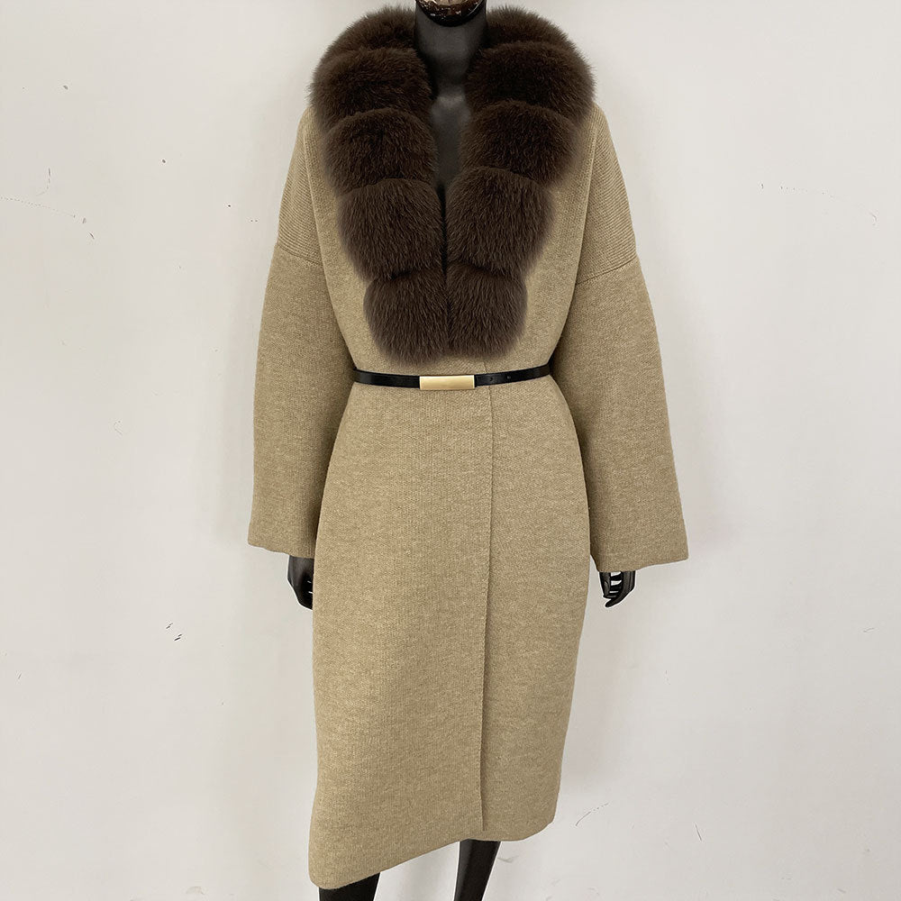 Förtjockad lång räv pälskrage europeisk och amerikansk ny lat stil mode kofta stickad tröja jacka kvinnor