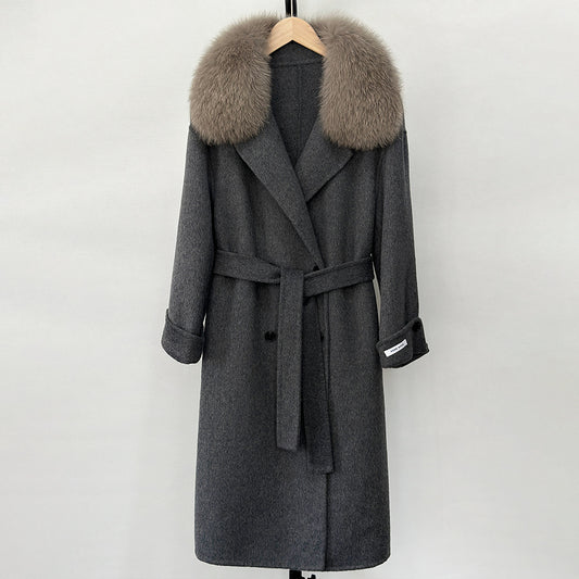Fransk lat 2025 höst och vinter ny huva dubbelsidig kashmirrock lång räv pälskrage tweed coat kvinnor