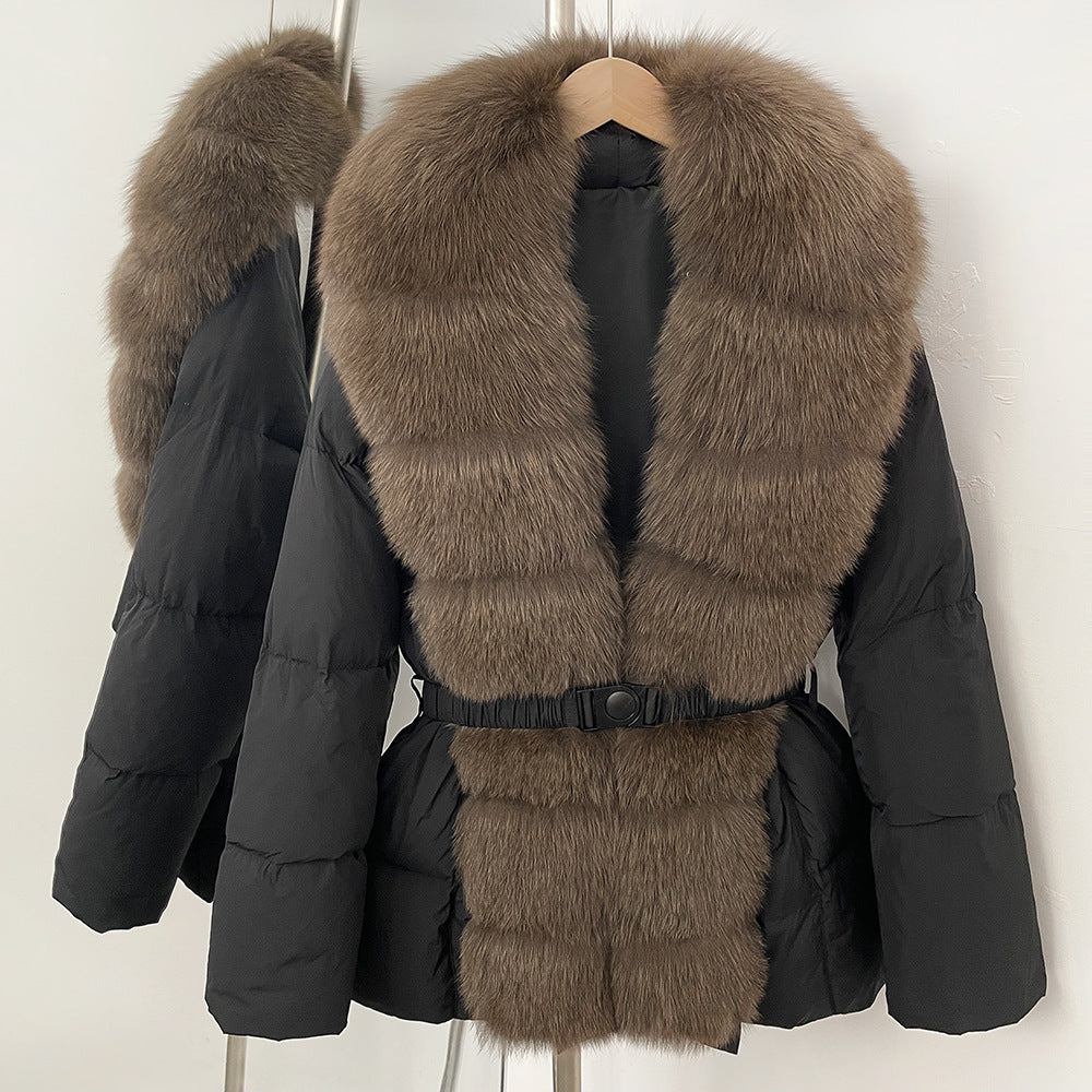 Gränsöverskridande populär plats 2025 vinter medium och lång midja överdimensionerad räv päls krage dyra high-end dunjacka kvinnor