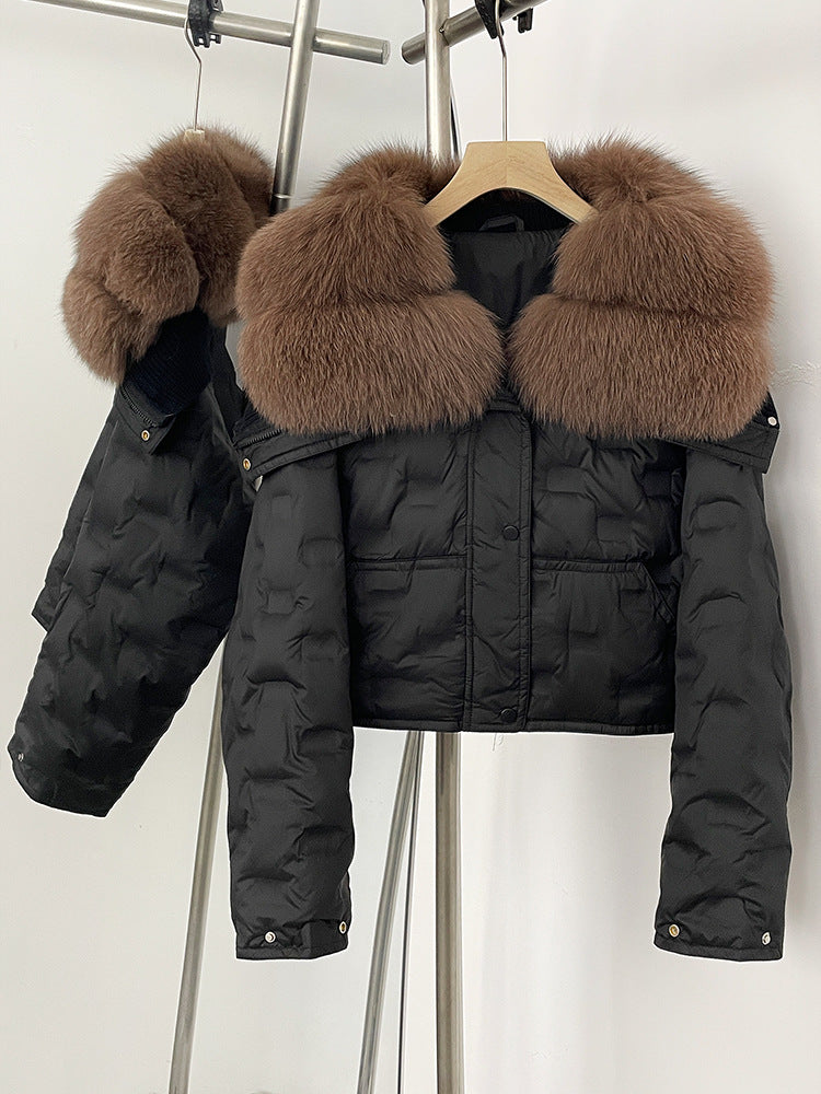 Super snygg koreansk version av storhårig kavaj kort dunjacka för kvinnors vinter explosion geometriska mönster design vit anka dunjacka
