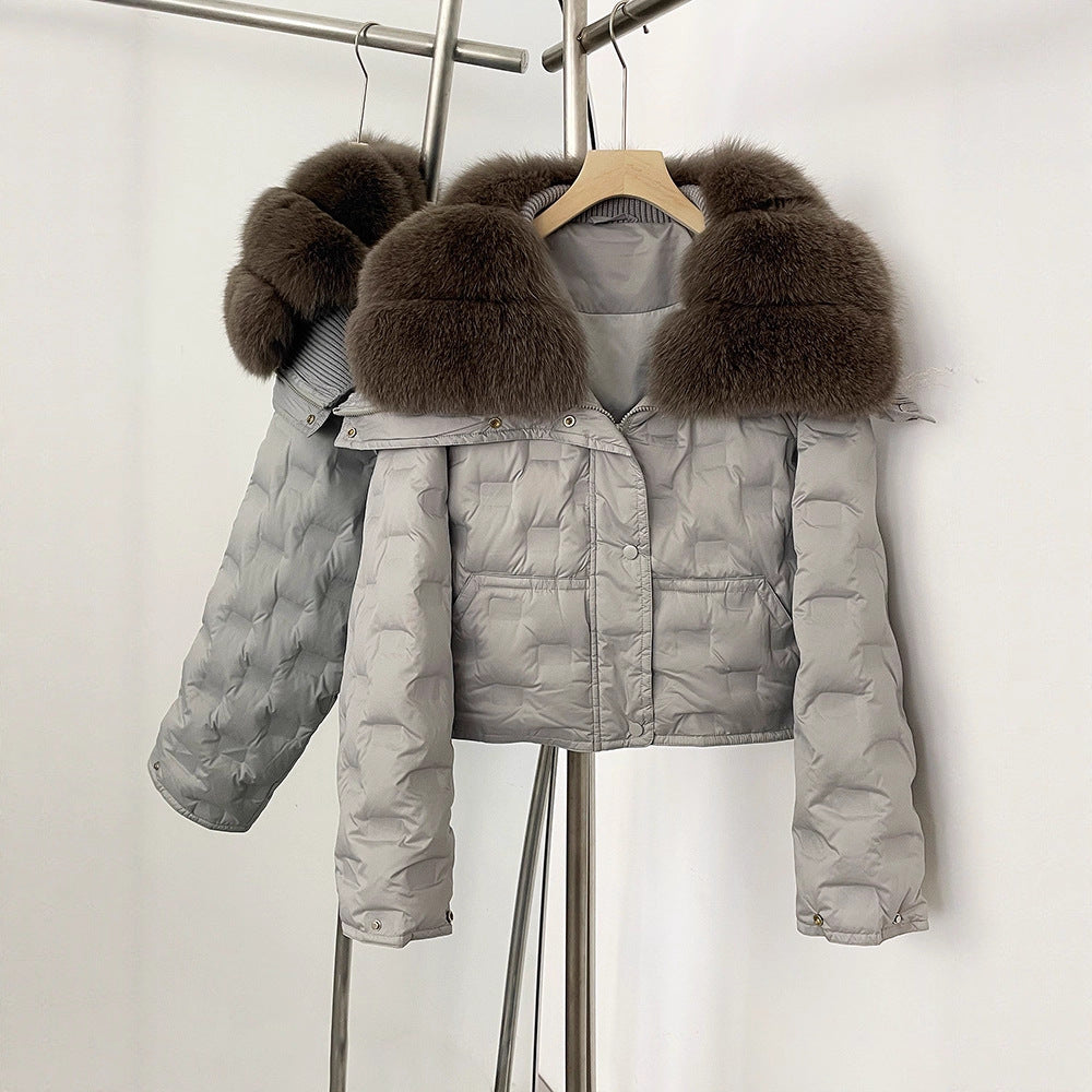 Super snygg koreansk version av storhårig kavaj kort dunjacka för kvinnors vinter explosion geometriska mönster design vit anka dunjacka
