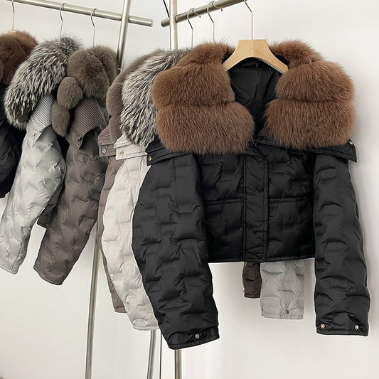 Super snygg koreansk version av storhårig kavaj kort dunjacka för kvinnors vinter explosion geometriska mönster design vit anka dunjacka