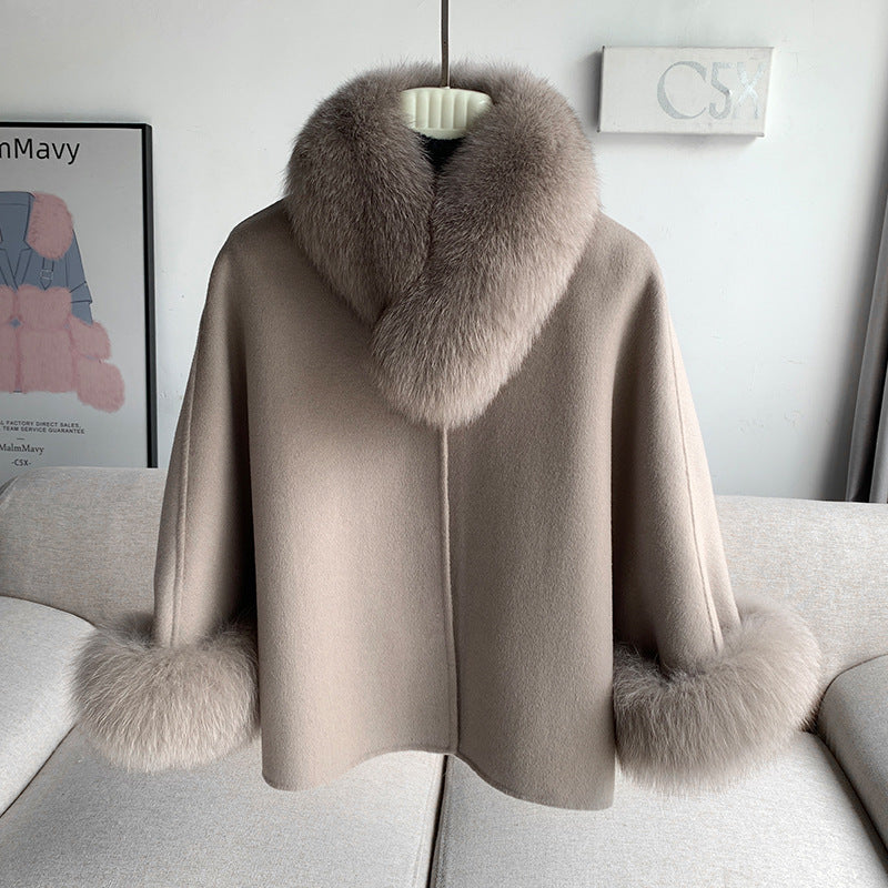 Fox päls jacka kvinnor kort 2024 nya dubbelsidig ull avtagbar sjal