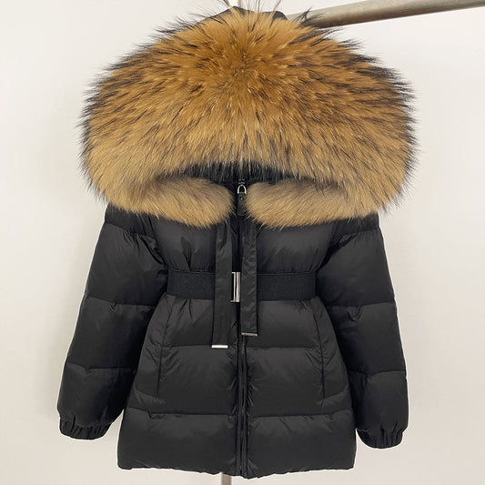 Gränsöverskridande utrikeshandel vinter ny high-end huva dunjacka kvinnors medium och lång midja tunn varm äkta rävpälskrage