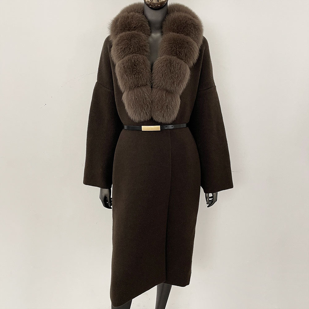 Förtjockad lång räv pälskrage europeisk och amerikansk ny lat stil mode kofta stickad tröja jacka kvinnor