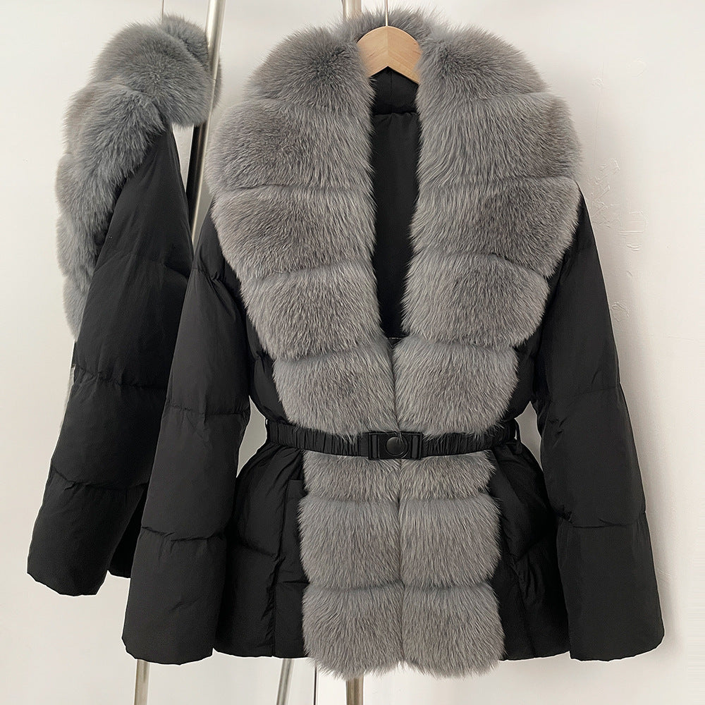 Gränsöverskridande populär plats 2025 vinter medium och lång midja överdimensionerad räv päls krage dyra high-end dunjacka kvinnor