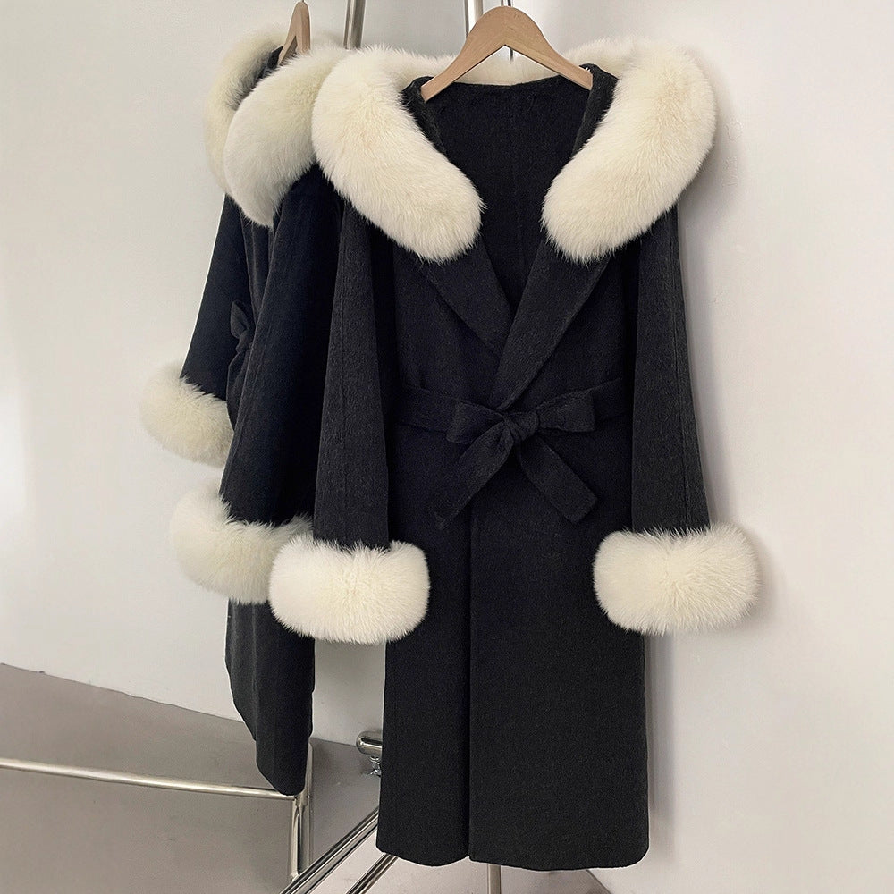 Fabrik direktförsäljning ny 2025 höst och vinter räv päls krage huva dubbelsidig ull kappa dam ull ärmar ull kappa