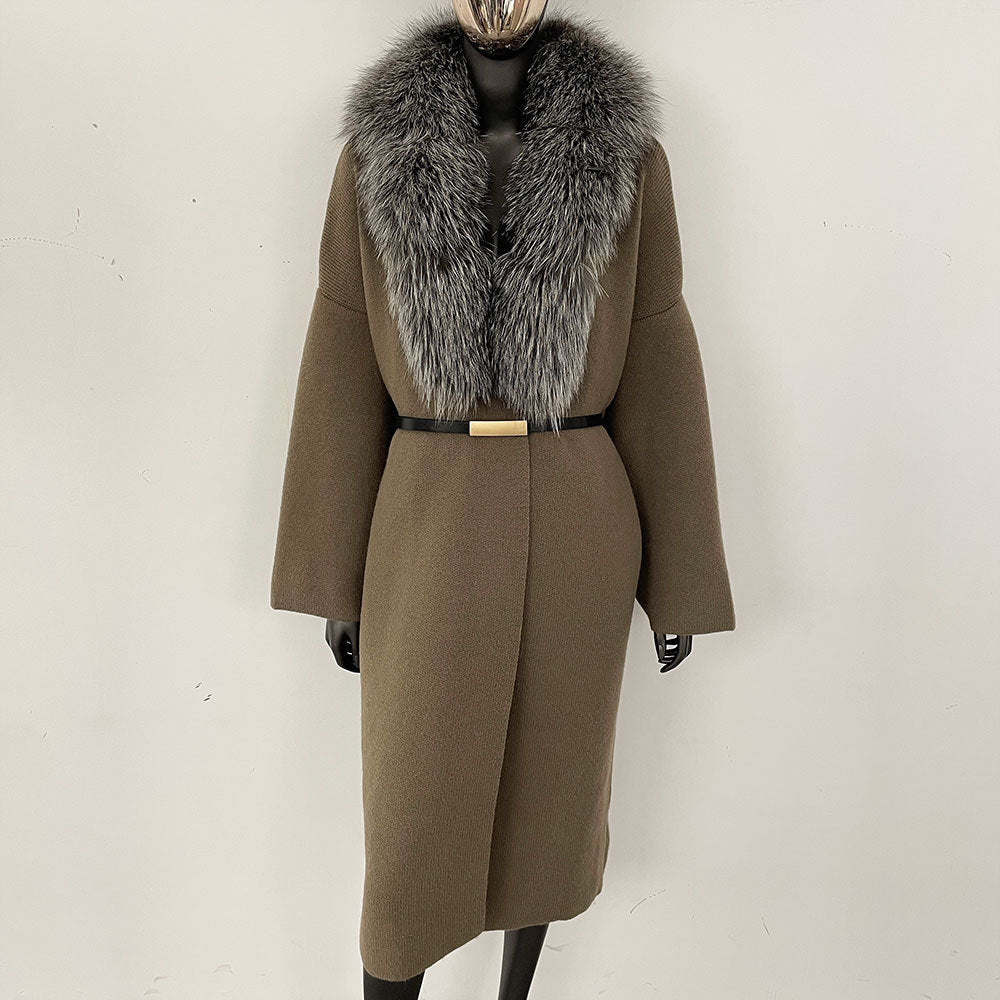 Förtjockad lång räv pälskrage europeisk och amerikansk ny lat stil mode kofta stickad tröja jacka kvinnor