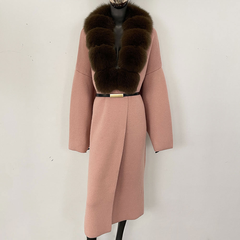 Förtjockad lång räv pälskrage europeisk och amerikansk ny lat stil mode kofta stickad tröja jacka kvinnor