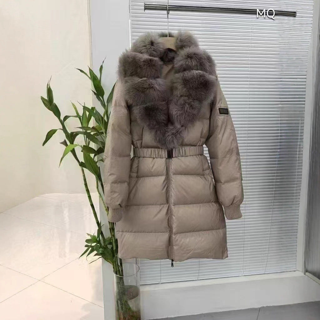 Fel rävhår stor pälskrage 2025 vinter ny dunjacka kvinnors långa snörning i midjan ädel pälsjacka